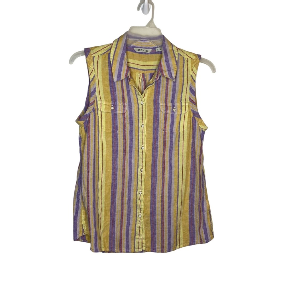 Orvis Womens Sleeveless Linen Blend Button Down Striped Shirt Yellow Purple L